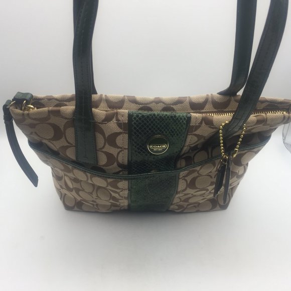 Authentic Coach Signature Tan Python Stripe Khaki Olive Green Tote Bag F25706 - Picture 8 of 10
